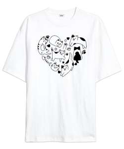 Cat Heart Beyaz Oversize Unisex Tişört