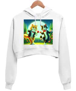 Cat in love Beyaz Kadın Crop Hoodie Kapüşonlu Sweatshirt