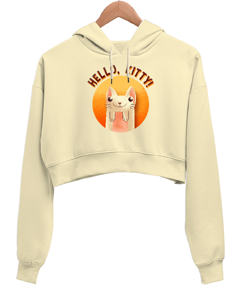 Tisho - Cat - Kedi - Hello Kitty Krem Kadın Crop Hoodie Kapüşonlu Sweatshirt