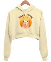 Cat - Kedi - Hello Kitty Krem Kadın Crop Hoodie Kapüşonlu Sweatshirt - Thumbnail