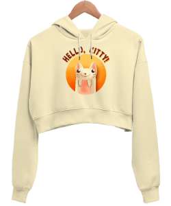 Cat - Kedi - Hello Kitty Krem Kadın Crop Hoodie Kapüşonlu Sweatshirt