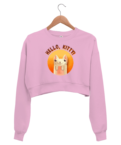 Tisho - Cat - Kedi - Hello Kitty Pembe Kadın Crop Sweatshirt