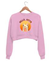 Cat - Kedi - Hello Kitty Pembe Kadın Crop Sweatshirt - Thumbnail