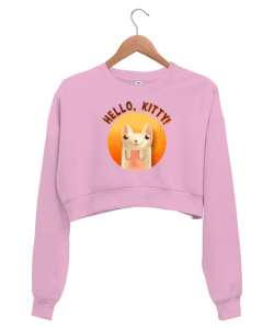 Cat - Kedi - Hello Kitty Pembe Kadın Crop Sweatshirt