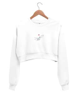 Cat Love Beyaz Kadın Crop Sweatshirt