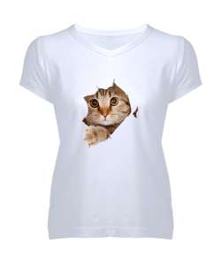 Cat Lover T-short Beyaz Kadın V Yaka Tişört