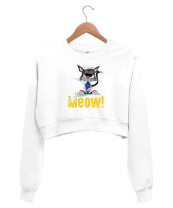 Cat Meow - Miyav Kedi Beyaz Kadın Crop Sweatshirt