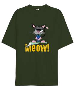 Cat Meow - Miyav Kedi Haki Yeşili Oversize Unisex Tişört