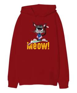 Cat Meow - Miyav Kedi Kırmızı Oversize Unisex Kapüşonlu Sweatshirt