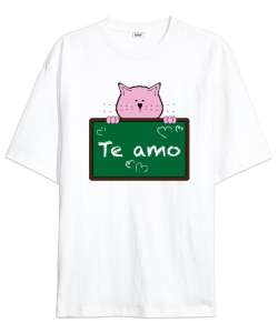 Cat Te Amo - Teamo Kedi Beyaz Oversize Unisex Tişört