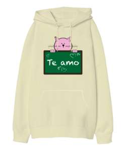 Cat Te Amo - Teamo Kedi Krem Oversize Unisex Kapüşonlu Sweatshirt