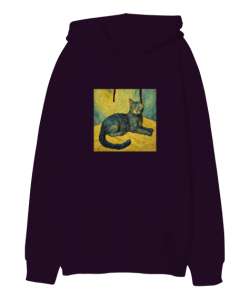 cat van gogh Koyu Mor Oversize Unisex Kapüşonlu Sweatshirt