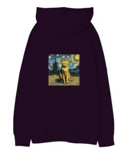 cat van gogh Koyu Mor Oversize Unisex Kapüşonlu Sweatshirt