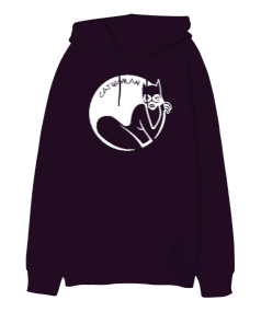 Cat Woman - Kedi - Koyu Mor Oversize Unisex Kapüşonlu Sweatshirt