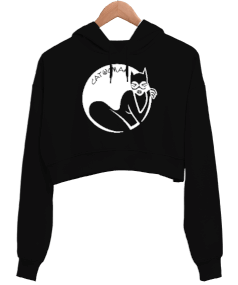 Cat Woman - Kedi - Siyah Kadın Crop Hoodie Kapüşonlu Sweatshirt