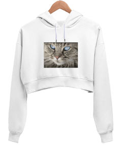 CAT YAZILI KADIN BEYAZ SWEATSHİRT Kadın Crop Hoodie Kapüşonlu Sweatshirt