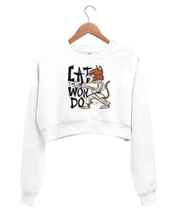 Catwondo Beyaz Kadın Crop Sweatshirt