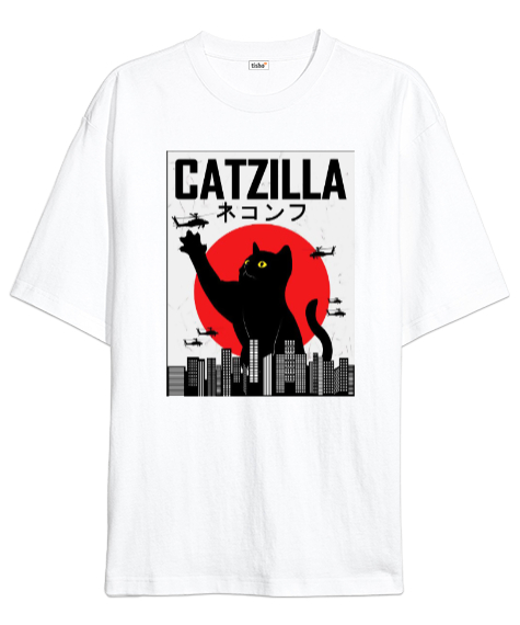 Tisho - Catzilla II Beyaz Oversize Unisex Tişört