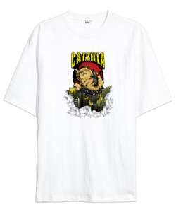 Catzilla - Kedi - V1 Beyaz Oversize Unisex Tişört