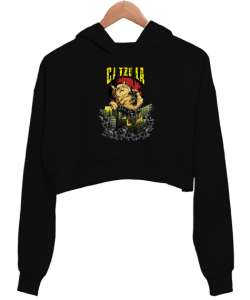 Catzilla - Kedi - V1 Siyah Kadın Crop Hoodie Kapüşonlu Sweatshirt