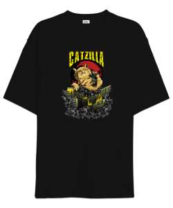 Catzilla - Kedi - V1 Siyah Oversize Unisex Tişört