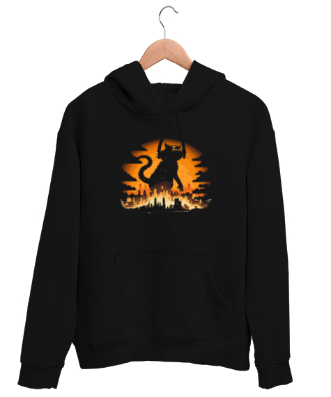 Tisho - Catzilla - Kedi - V2 Siyah Unisex Kapşonlu Sweatshirt