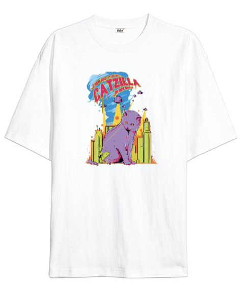 Tisho - Catzilla - Kedi - V3 Beyaz Oversize Unisex Tişört