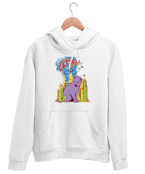 Tisho - Catzilla - Kedi - V3 Beyaz Unisex Kapşonlu Sweatshirt