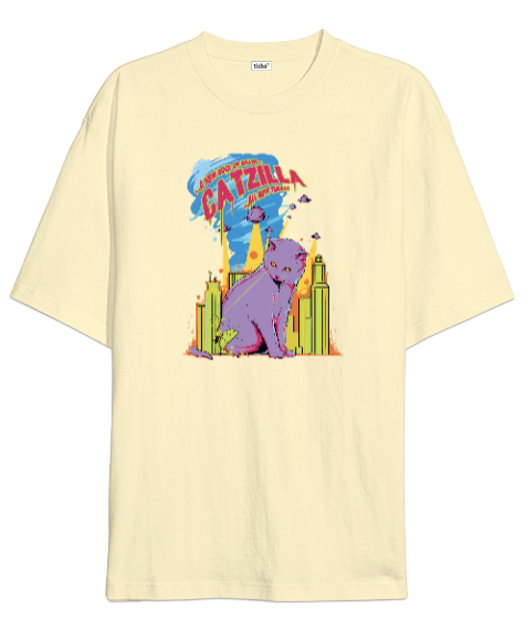 Tisho - Catzilla - Kedi - V3 Krem Oversize Unisex Tişört