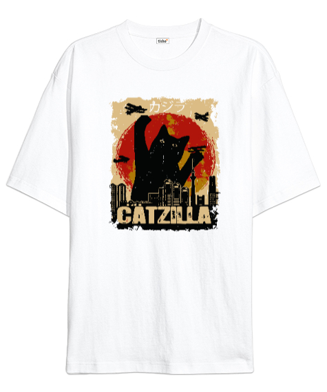 Tisho - Catzilla - Kedi - V4 Beyaz Oversize Unisex Tişört