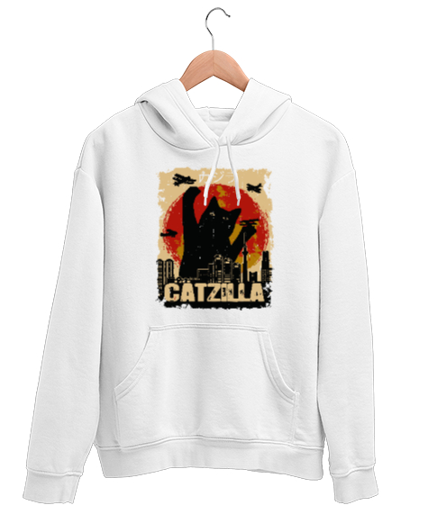 Tisho - Catzilla - Kedi - V4 Beyaz Unisex Kapşonlu Sweatshirt