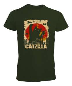 Catzilla - Kedi - V4 Haki Yeşili Erkek Tişört