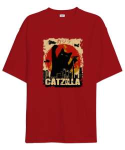 Catzilla - Kedi - V4 Kırmızı Oversize Unisex Tişört