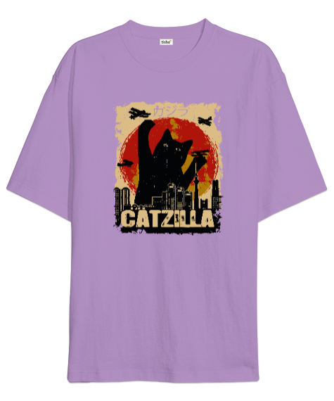 Tisho - Catzilla - Kedi - V4 Lila Oversize Unisex Tişört