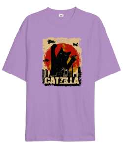 Catzilla - Kedi - V4 Lila Oversize Unisex Tişört