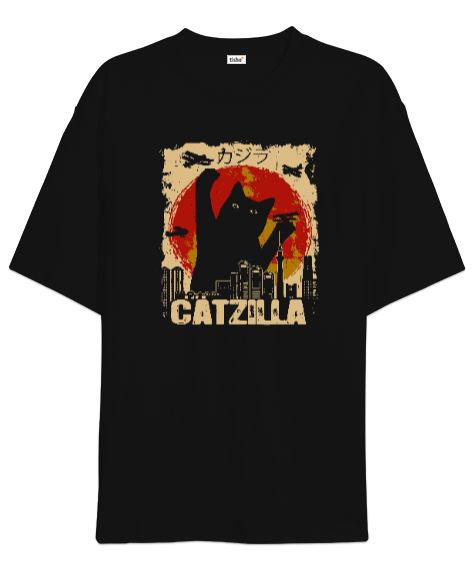 Tisho - Catzilla - Kedi - V4 Siyah Oversize Unisex Tişört