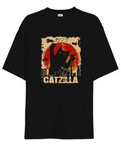 Catzilla - Kedi - V4 Siyah Oversize Unisex Tişört