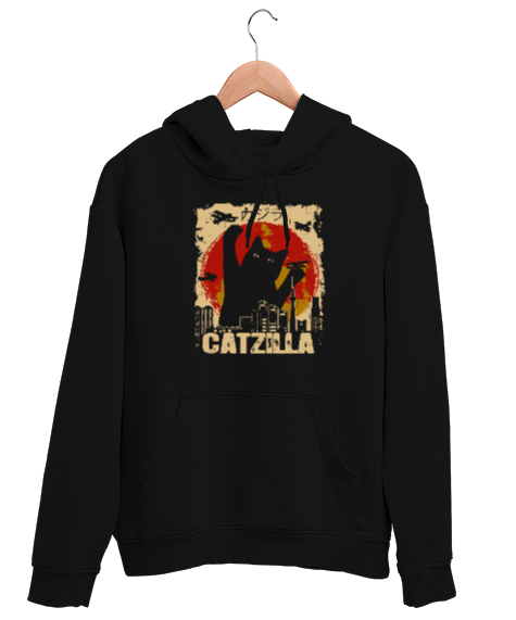 Tisho - Catzilla - Kedi - V4 Siyah Unisex Kapşonlu Sweatshirt