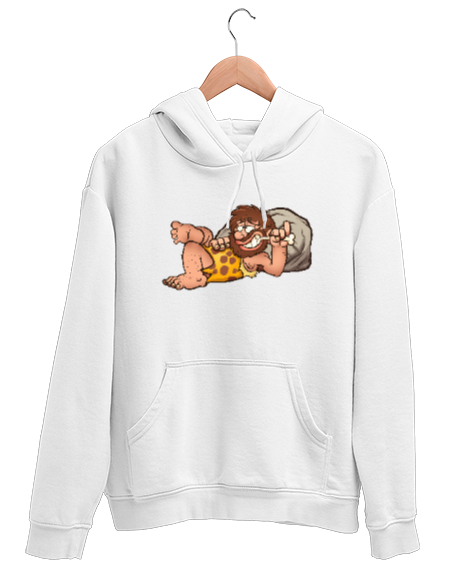 Tisho - Caveman - Cool Mağara Adamı V2 Beyaz Unisex Kapşonlu Sweatshirt