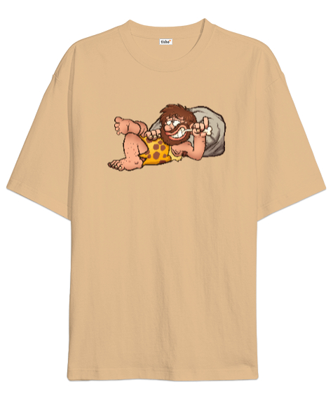 Tisho - Caveman - Cool Mağara Adamı V2 Camel Oversize Unisex Tişört