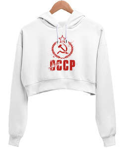 CCCP Red Vintage Flag Beyaz Kadın Crop Hoodie Kapüşonlu Sweatshirt