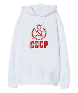 CCCP Red Vintage Flag Beyaz Oversize Unisex Kapüşonlu Sweatshirt