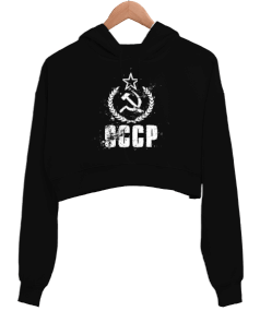 CCCP Retro Baskılı Siyah Kadın Crop Hoodie Kapüşonlu Sweatshirt