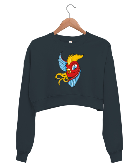 Tisho - Çekici Renkli Kuş - Bird Füme Kadın Crop Sweatshirt