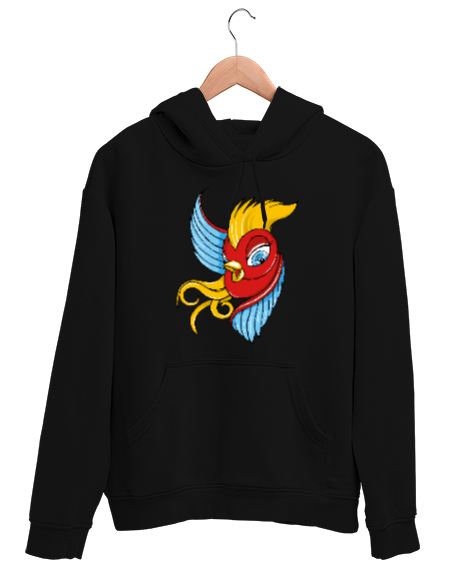 Tisho - Çekici Renkli Kuş - Bird Siyah Unisex Kapşonlu Sweatshirt