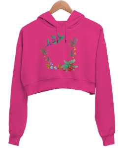 Çelenk çiçek Fuşya Kadın Crop Hoodie Kapüşonlu Sweatshirt