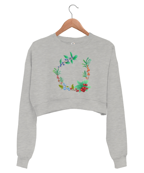 Tisho - Çelenk çiçek Gri Kadın Crop Sweatshirt