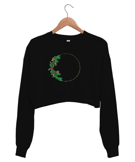 Tisho - Çelenk çiçek Siyah Kadın Crop Sweatshirt