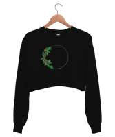 Çelenk çiçek Siyah Kadın Crop Sweatshirt - Thumbnail