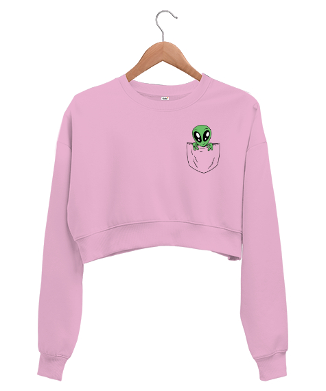 Tisho - Cepteki Sevimli Uzaylı Yaratık Pembe Kadın Crop Sweatshirt